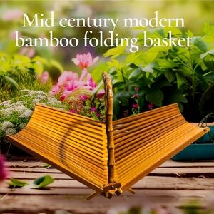 Bamboo Accent Basket  Collapsible Design, Vintage MCM Japanese